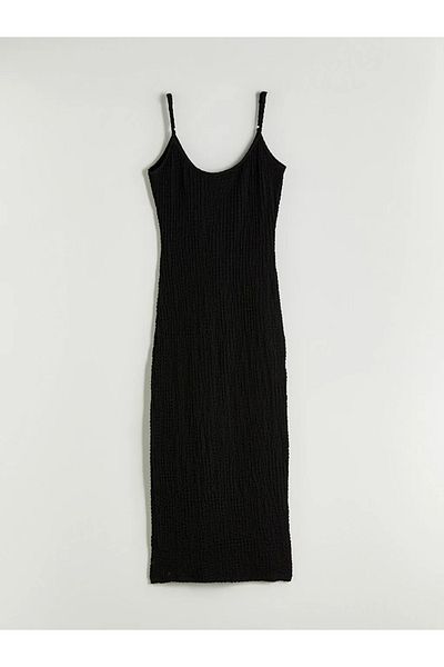 LC Waikiki Lcw Vision Black U-Neck Textured Dress