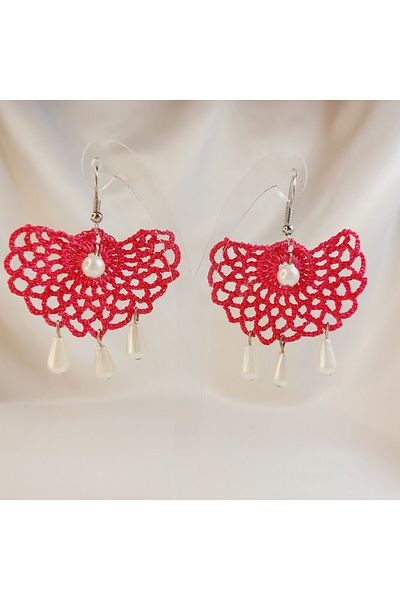 Crystal Atelier Handmade Weave Ethnic Authentic Fan Earrings, Fuchsia Pink Vintage Pearl Bead Dangle Fan Earrings
