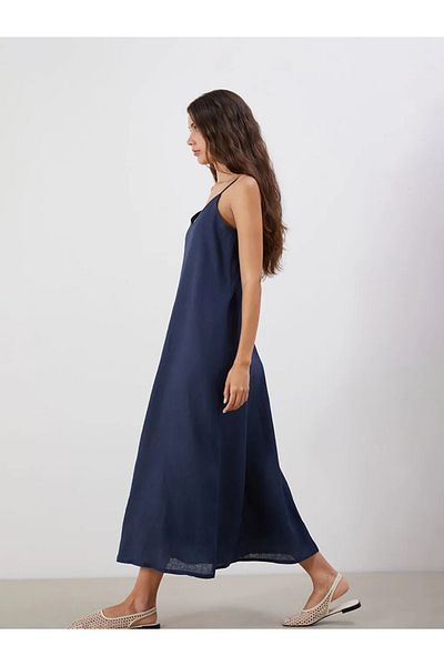 LC Waikiki Lcw Vision Indigo V-Neck Strap A-Line 100% Linen Dress