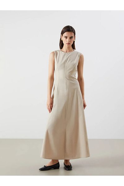 LC Waikiki Lcw Vision Beige Crew Neck Poplin Waist Seated Dress