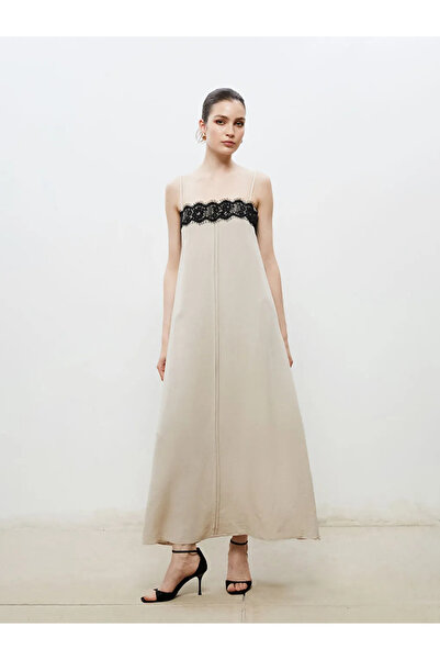 LC Waikiki Soulife Екрю квадратна яка от памук и лен рокля с презрамки