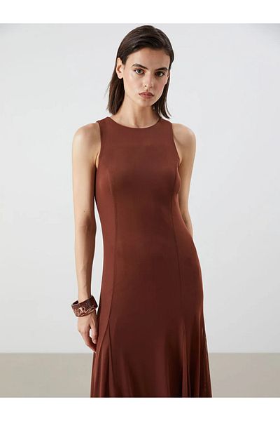 LC Waikiki Lcw vision brown bicycle collar pleated waist dress