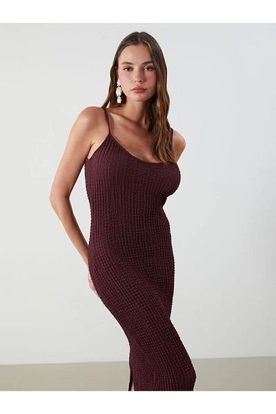 LC Waikiki Lcw Vision Plum U-Neck Strap Textured Dress