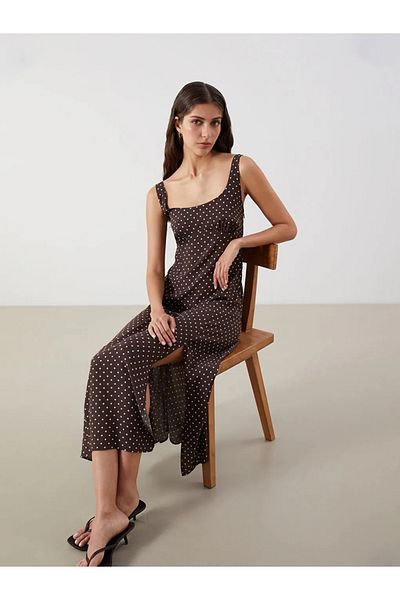 LC Waikiki Lcw Vision Brown U-Neck Polka Dot Strap Dress