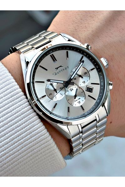 Slazenger Silver Color 10 Atm Waterproofness Steel Cord Steel Case Men Wristwatch 2493.01Mr