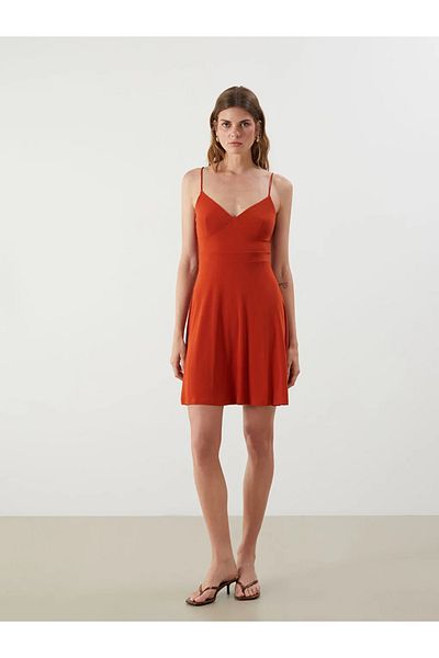LC Waikiki Lcw Vision Orange Sweetheart Neckline Strap A-Line Dress