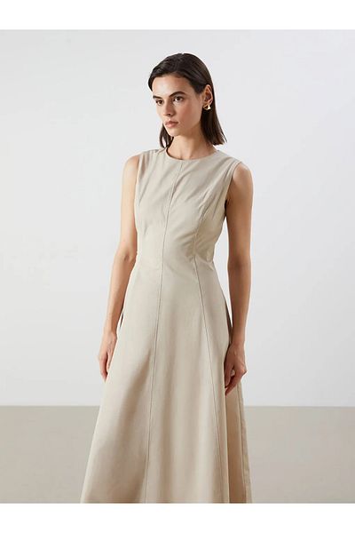LC Waikiki Lcw Vision Beige Crew Neck Poplin Waist Seated Dress