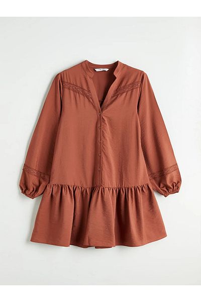 LC Waikiki Lcw Vision Brown Scoop Neckline Embroidery A-Line Mini Dress