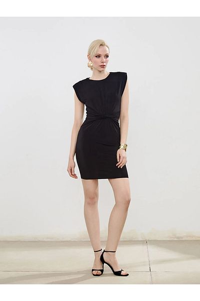 LC Waikiki Soulife Black Crew Neck Gathered Mini Dress