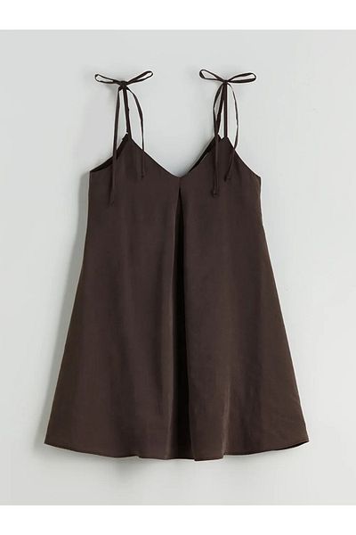 LC Waikiki Lcw Vision Brown V-Neck Strap Modal Blend Mini Dress
