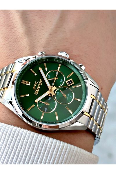 Slazenger Silver-Green Color 10 Atm Waterproofness Steel Cord Steel Case Men Wristwatch 2493.02Mr