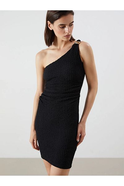 LC Waikiki Lcw Vision Black One Shoulder Textured Smocked Dress
