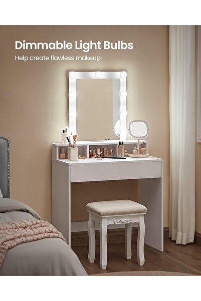 VASAGLE Masa de toaleta cu oglinda si becuri, cu 2 sertare si 3 compartimente, 40x80x145cm, alb