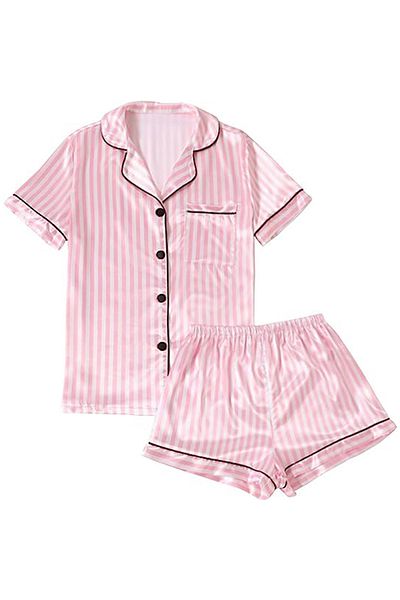 Caprisious Women's Pink Striped Satin Pajamas: Short Sleeve Top & Shorts Set