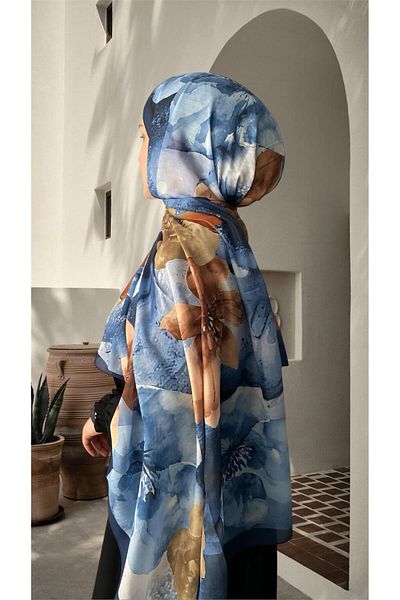ESSLERA Rose Pattern Navy Blue Cotton Soft Shawl
