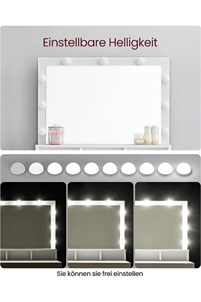 VASAGLE Masa de toaleta cu oglinda, iluminare LED, 2 sertare si 3 compartimente, 80x40x140cm, alb