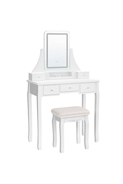 VASAGLE Masa de toaleta cu taburet, oglinda rotativa 360, iluminare LED reglabila, 80x40x138 cm, alb
