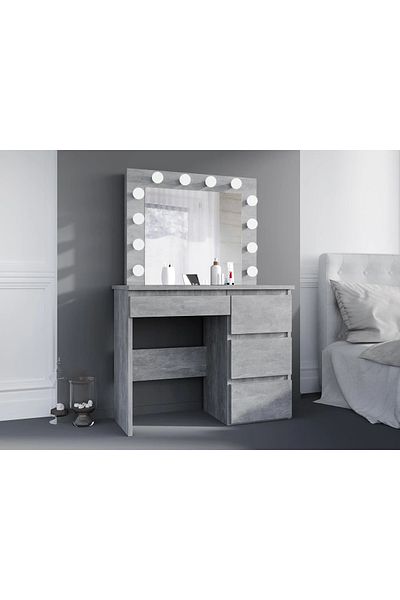 SERSIMO Masa de toaleta si machiaj Hollywood cu oglinda LED si 4 sertare, 94x43x140 cm, gri beton