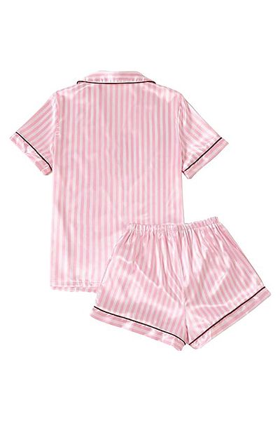 Caprisious Women's Pink Striped Satin Pajamas: Short Sleeve Top & Shorts Set