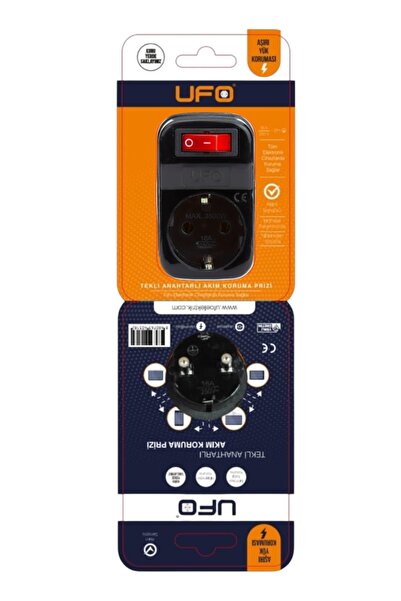 UFO Akım korumalı fiş priz tekli anahtarlı siyah renk