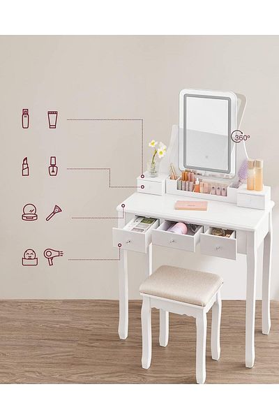 VASAGLE Masa de toaleta cu taburet, oglinda rotativa 360, iluminare LED reglabila, 80x40x138 cm, alb