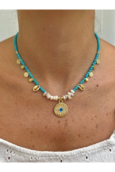 Twinssis Accessories Göz Model Mavi Boncuklu Pullu Kolye