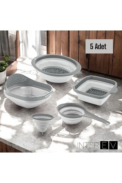 INTEREV 5-Piece Accordion Folding Strainer Set - Kitchen Dowry Set (Gray) - 5 Pieces