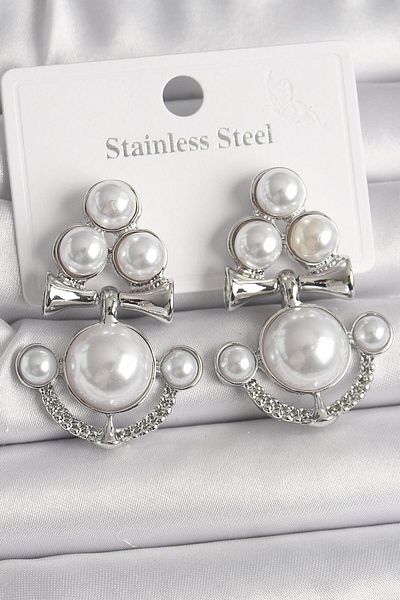 REBORN DESIGN Brass Silver Color Pearl Anchor Model Women's Earrings
