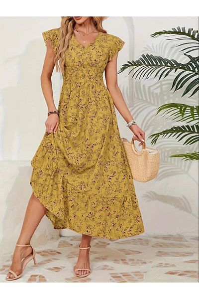 AKNButik Women Short Sleeve Double Breasted Lapel Elastic Waist Floral Print Dress