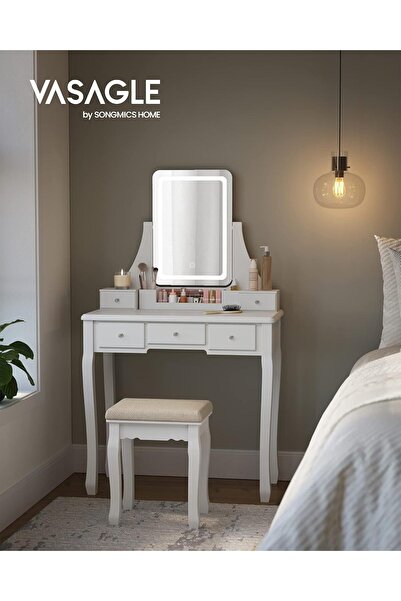 VASAGLE Masa de toaleta cu taburet, oglinda rotativa 360, iluminare LED reglabila, 80x40x138 cm, alb