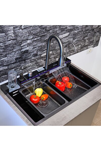 OEM Chiuveta Bucatarie Multifunctionala LED, Inox, Gri Inchis - Negru 75x45 cm