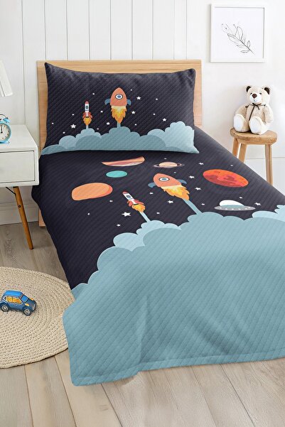 Realhomes Roketli Gezegenler Ve Uzay Temalı Lacivert Erkek Çocuk Baskılı Tek ...