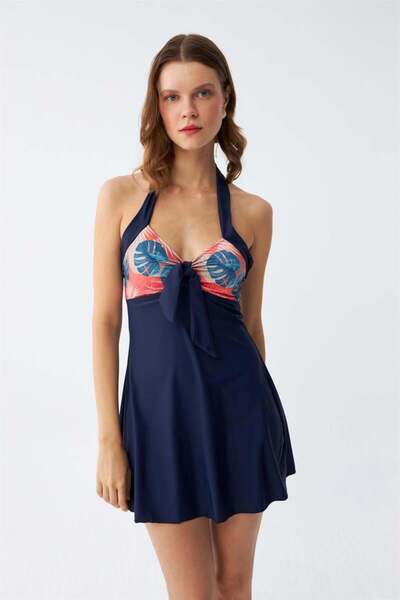 modaserdem Mdsrdm Women's Tropical Patterned Bow Navy Blue Dress Swimsuit