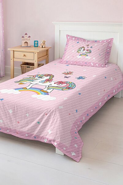 Realhomes Pink Girl's Single Pique Set with Unicorn and Butterfly Pattern