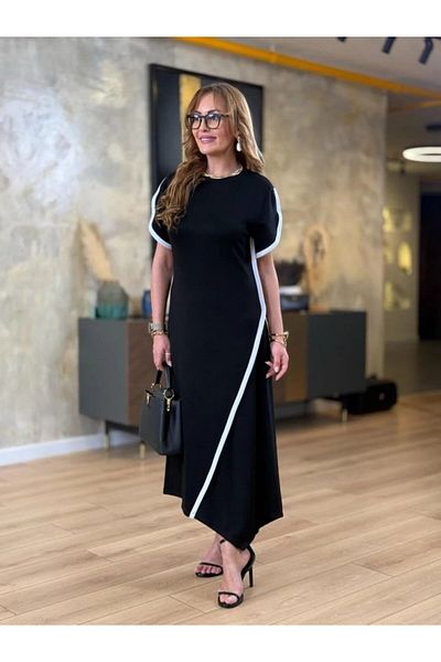 modaserdem Rochie de damă cu mânecă scurtă, cu decolteu, tăiată asimetrică, din viscoză, cu două fire