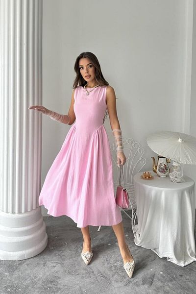 MRA Fashion Pink Midi Length Linen Dress with Gathered Sides