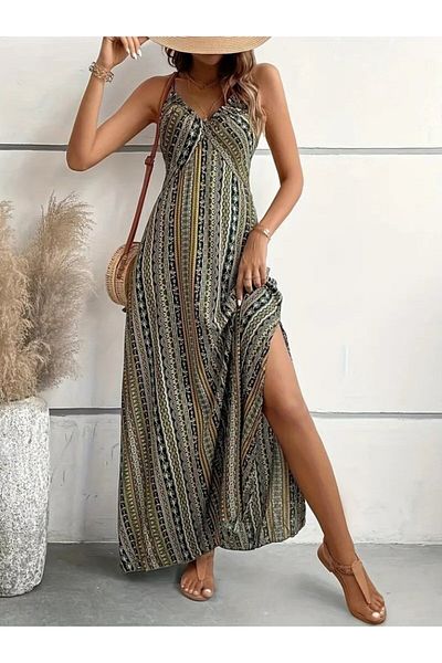 Gökyüzü Moda Women's Rope Strap Back Cross Detailed Slit Patterned Single Jersey Dress