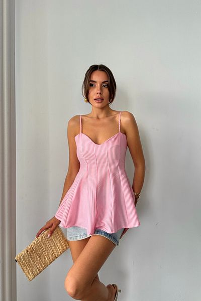 MRA Fashion Striped Seersucker Suspender Bluz with Pins Detail - Pink