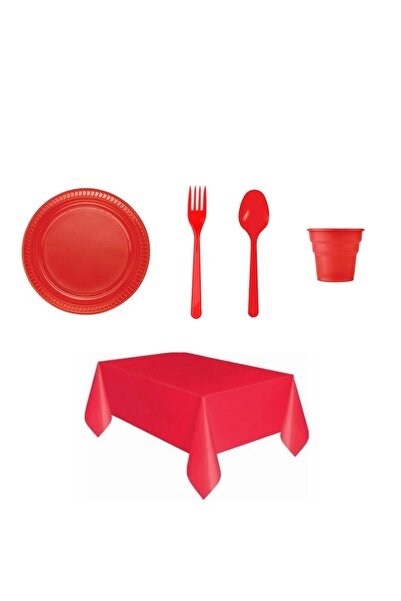 Ambalaj Evi Kırmızı Plastik Tabak Bardak Plastik Çatal Plastik Kaşık Masa Ört...