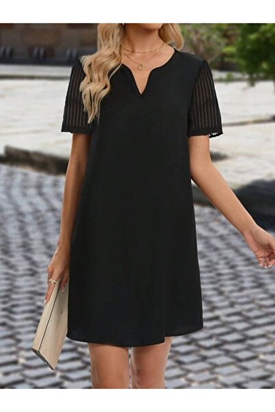 JANES Rochie Janjan Creponată scurtă pentru damă, cu mâneci scurte, cu decolt...