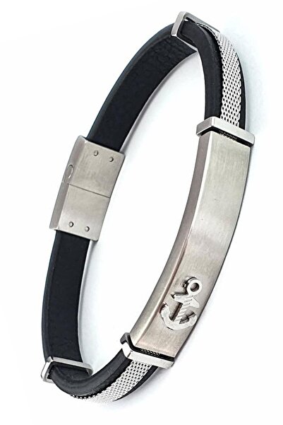 OSESHOP Çapa Figürlü 316L Çelik Detaylı Deri Erkek Bileklik