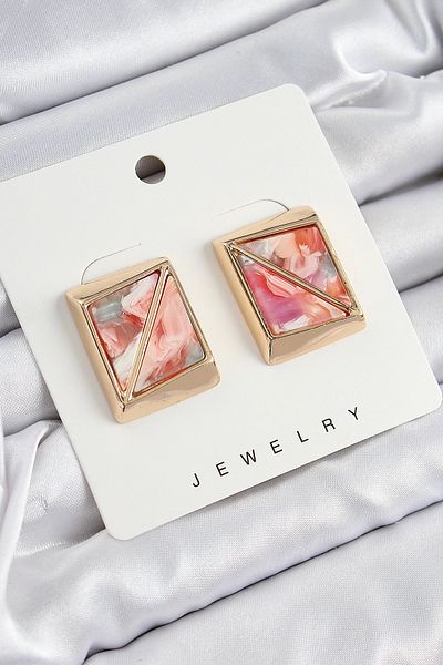 Store Brass Pink Triangle Cut Detailed Square Model Vintage Gold Color Women's Earrings