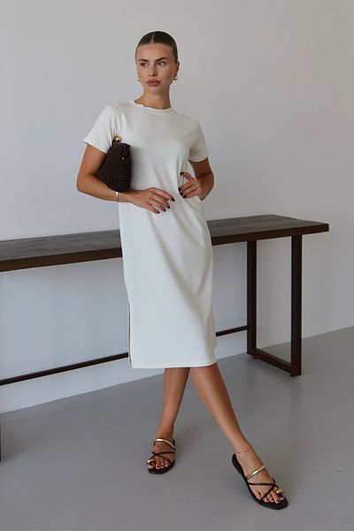 Mogi Butik Γυναικείο φόρεμα Modal υφασμάτινο μισό μανίκι με σχισμή κάτω από το γόνατο 3083