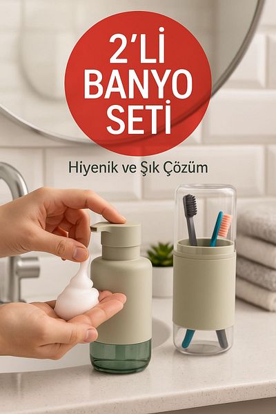 Open Home Concept Set of 2 Practical Liquid Soap Dispenser and Toothbrush Holder Stone Gray