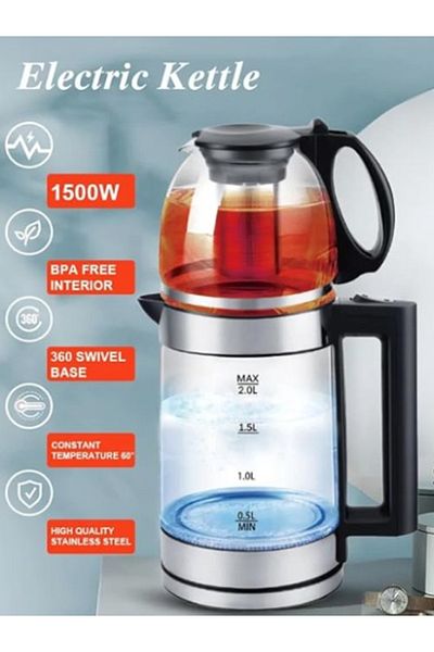 Denx Transparent Glass Kettle 2L Double Pot Tea Pot With filter Electric Kettle