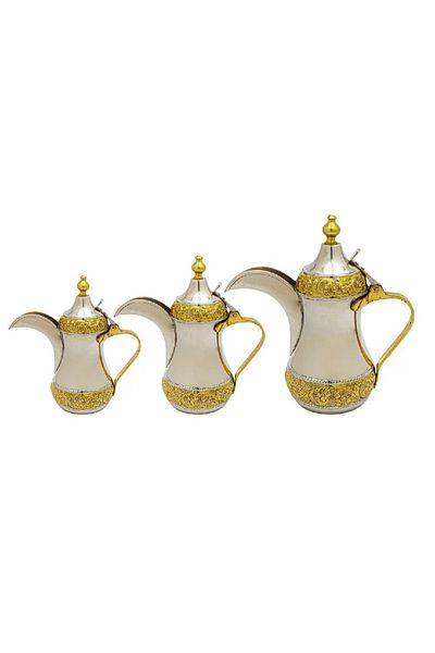 BASURRAH Luxury Arabic Coffee Pot Set, Gold and Silver, 3 Pieces