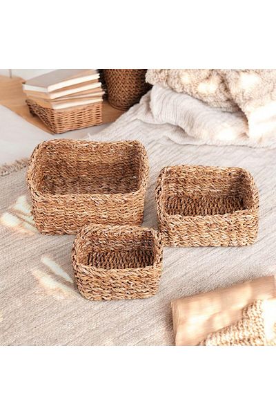 Mena Rise Set of 3 Handmade Natural Square Rattan Organizers |   Set of 3 Wicker Square Organizers – Dekora