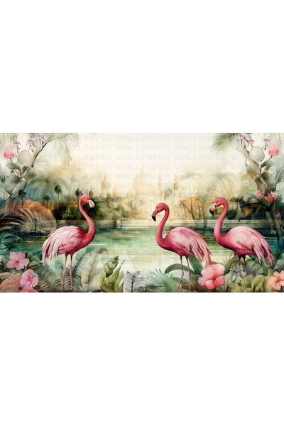 Home Flamingolar ve şehir silueti poster duvar kağıdı