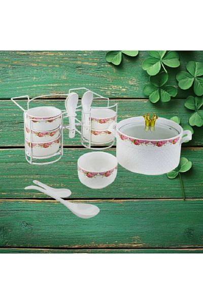 BASURRAH 16-piece white and red soup set