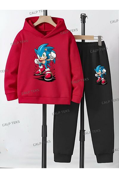 CALP TEKS Sonics Printed Thick Cotton Hooded Bottom Top Children's Set
